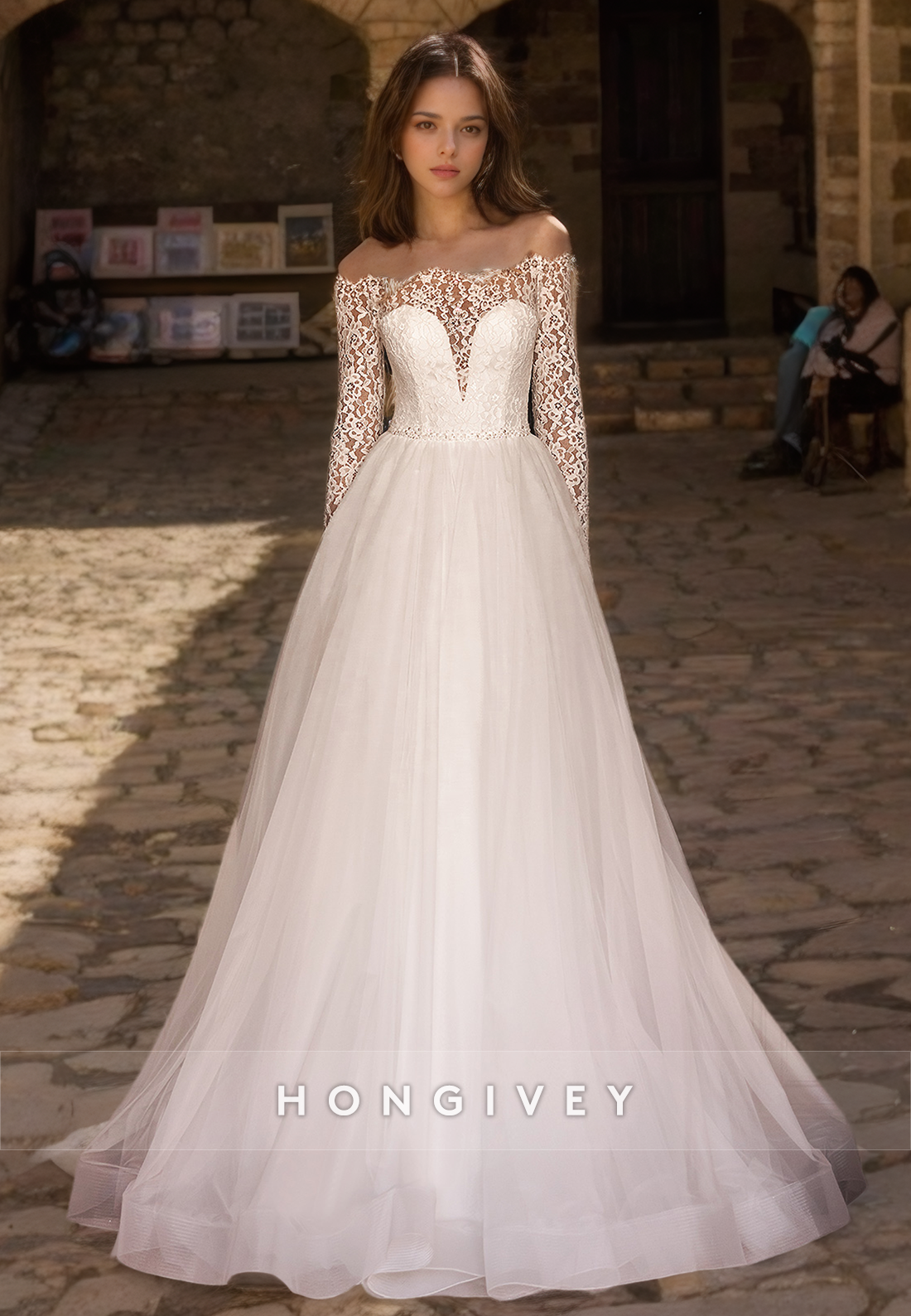 Elegant & Luxurious Strapless Lace Long Sleeves Empire Aline Wedding Dress