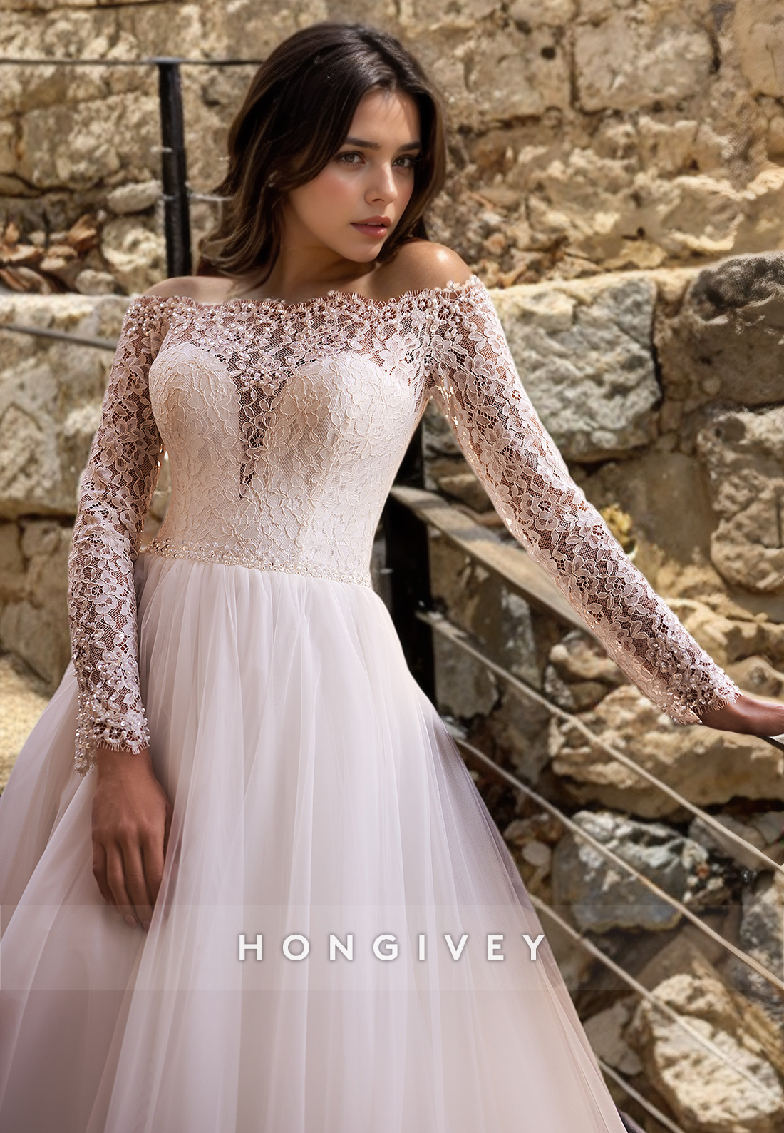 Elegant & Luxurious Strapless Lace Long Sleeves Empire Aline Wedding Dress