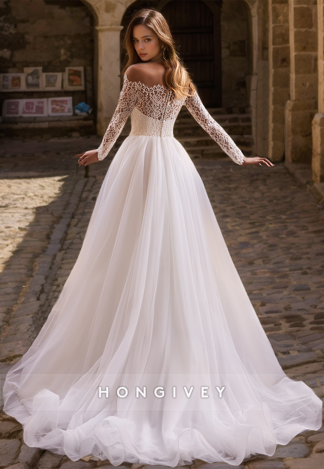 Elegant & Luxurious Strapless Lace Long Sleeves Empire Aline Wedding Dress