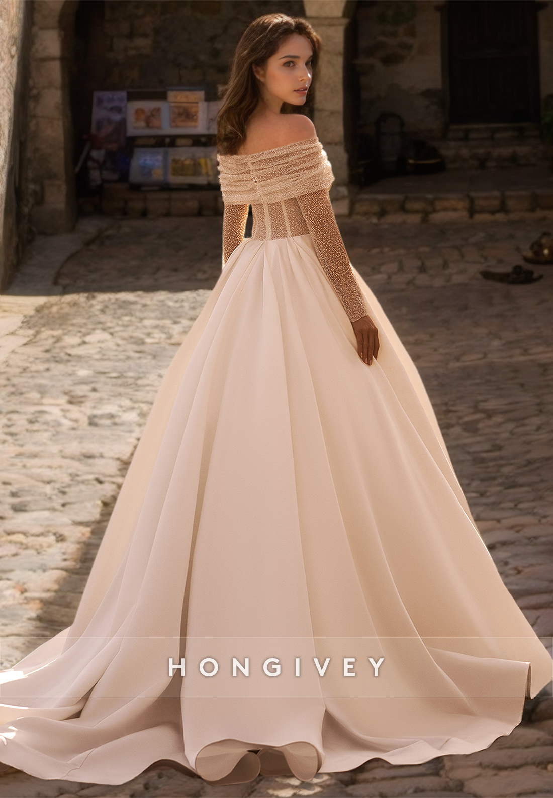 Glamorous & Dramatic Illusion Detachable Offshoulder Long Sleeves Wedding Dress