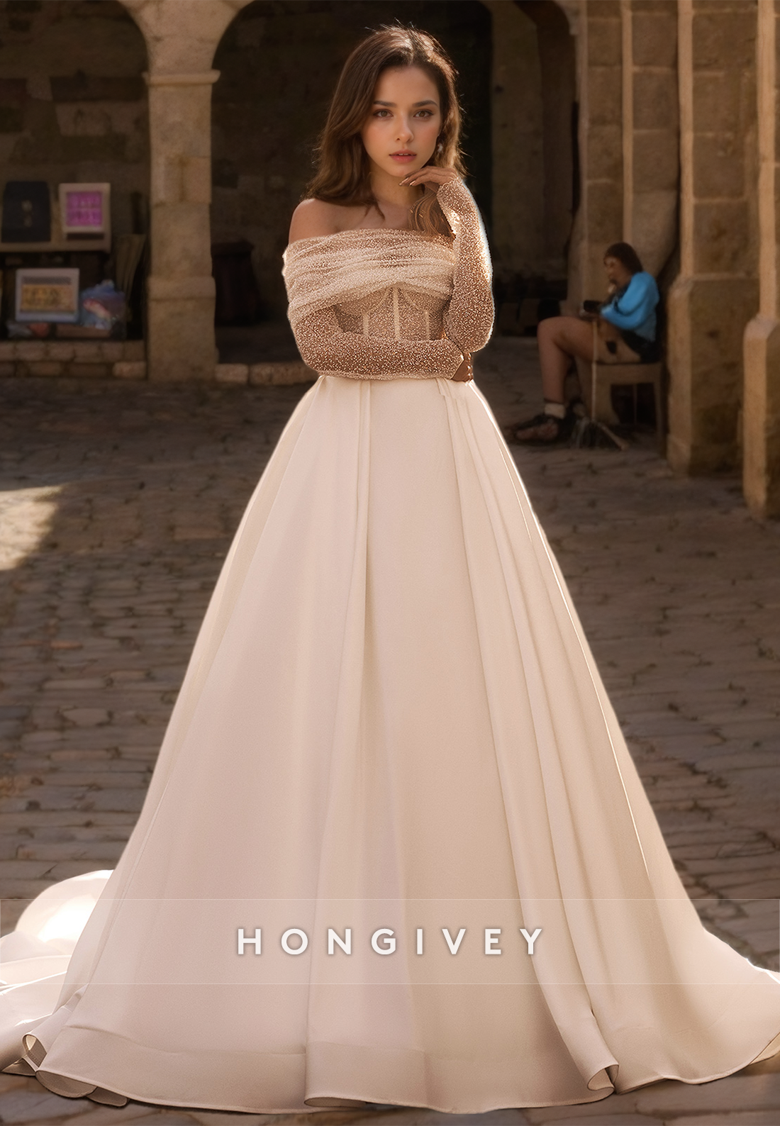 Glamorous & Dramatic Illusion Detachable Offshoulder Long Sleeves Wedding Dress