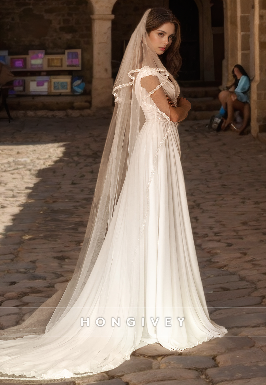 Sexy Vneck Sleeveless Empire Ruched With Side Slit Train Wedding Dress