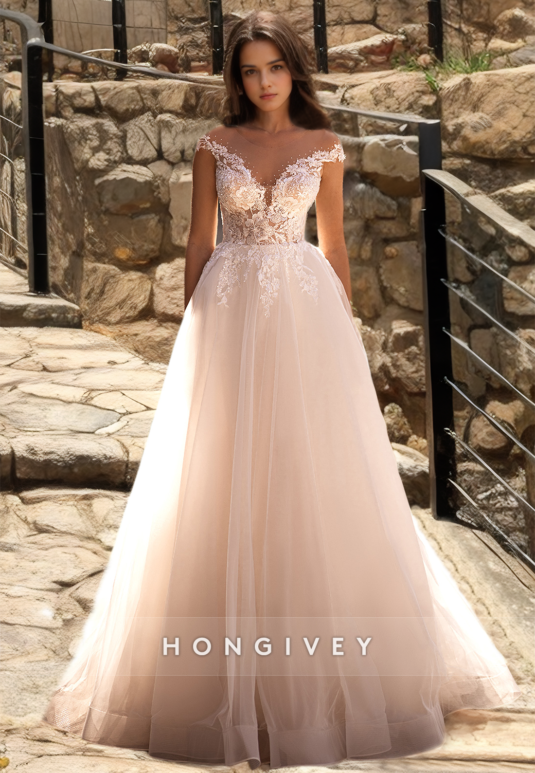 Classic & Timeless Plunging Illusion Appliques Empire Aline Tulle Boho Wedding Dress