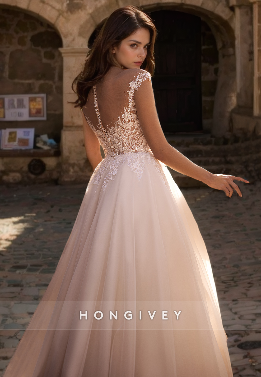 Classic & Timeless Plunging Illusion Appliques Empire Aline Tulle Boho Wedding Dress