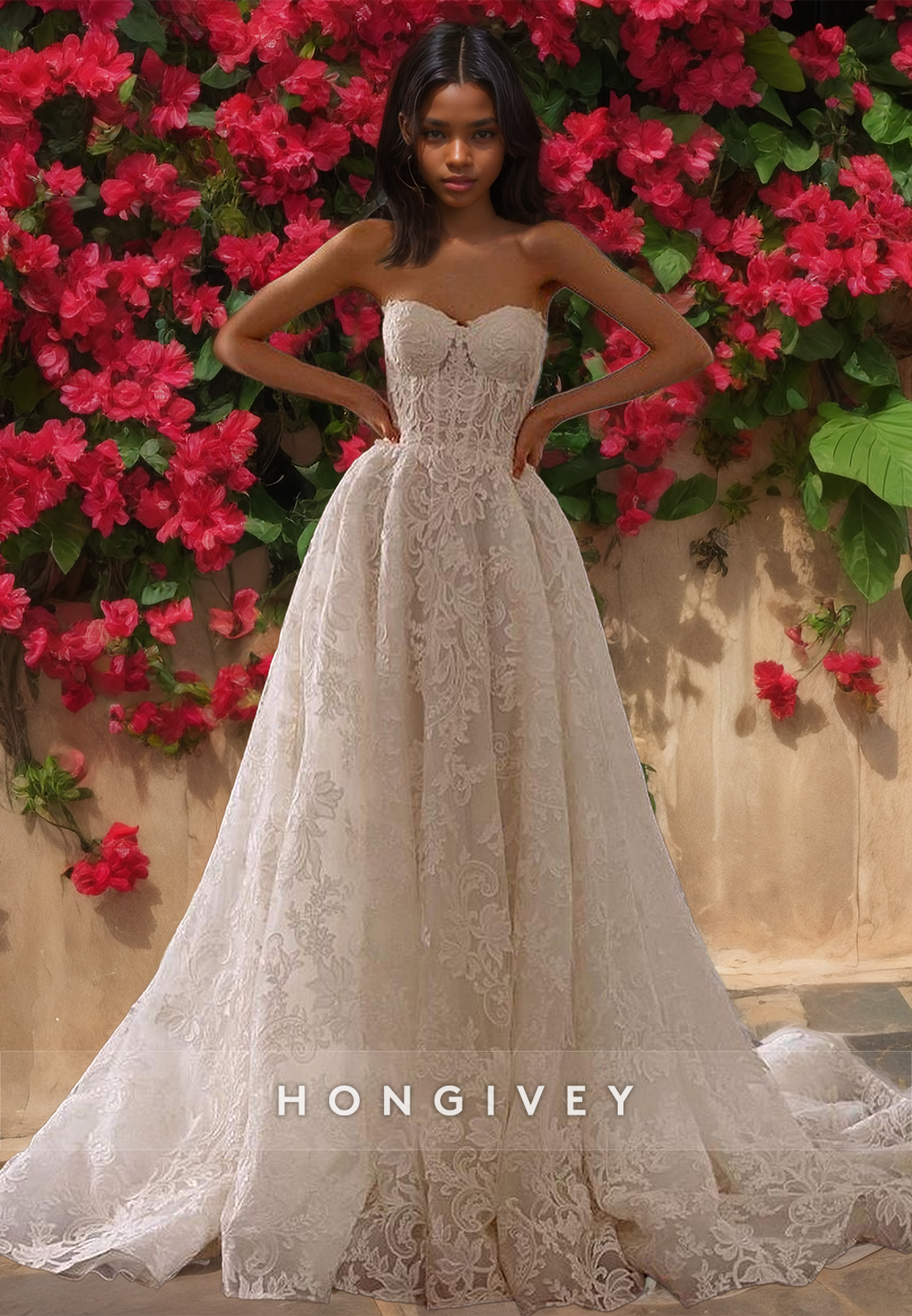 Elegant Aline Sweetheart Strapless Empire Floral Appliqued Wedding Dress