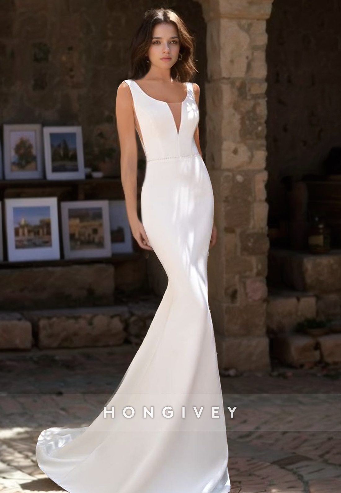 Chic Satin Trumpt Vneck Straps Sleeveless With Train Boho/Beach Wedding Dress