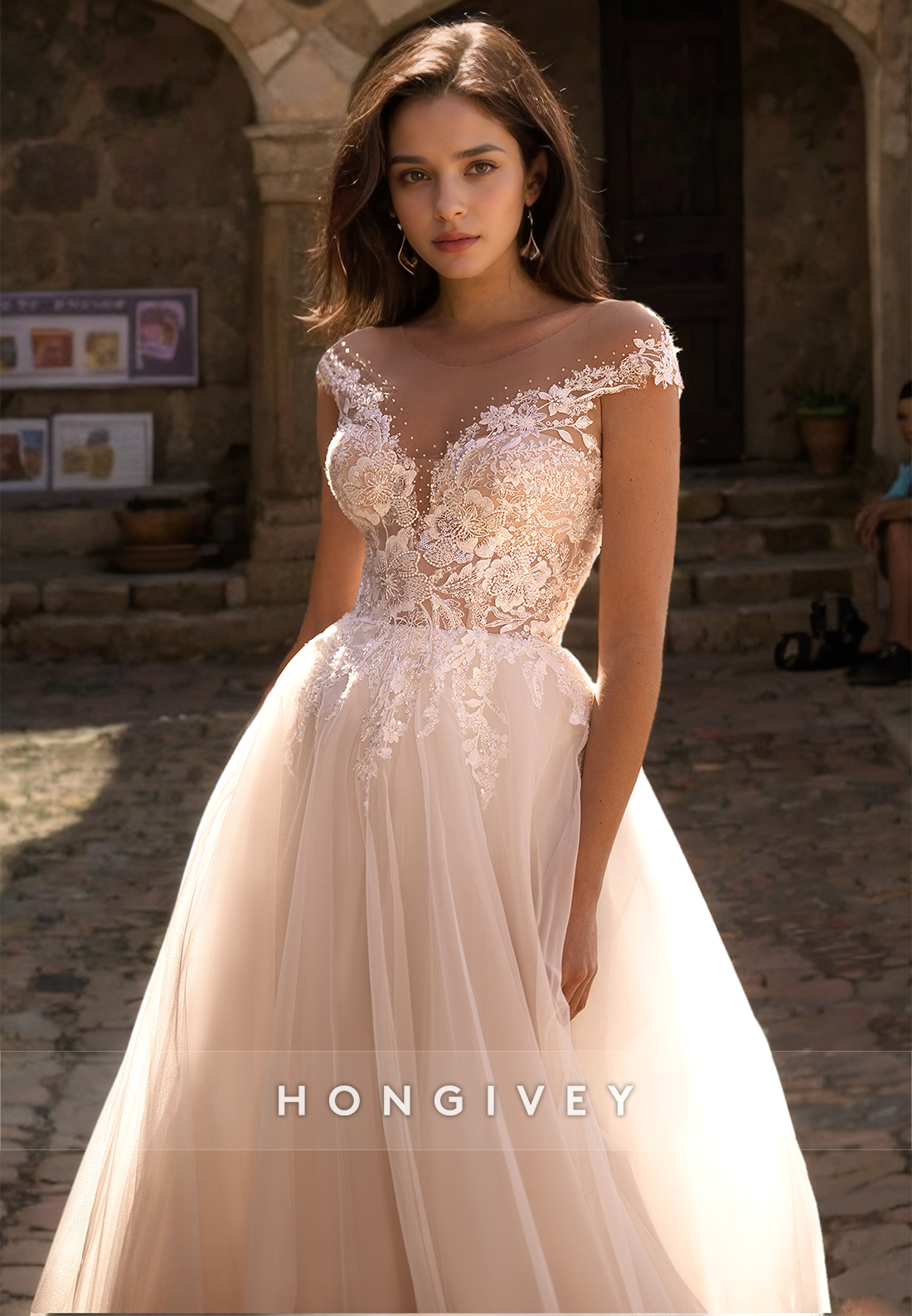 Classic & Timeless Plunging Illusion Appliques Empire Aline Tulle Boho Wedding Dress