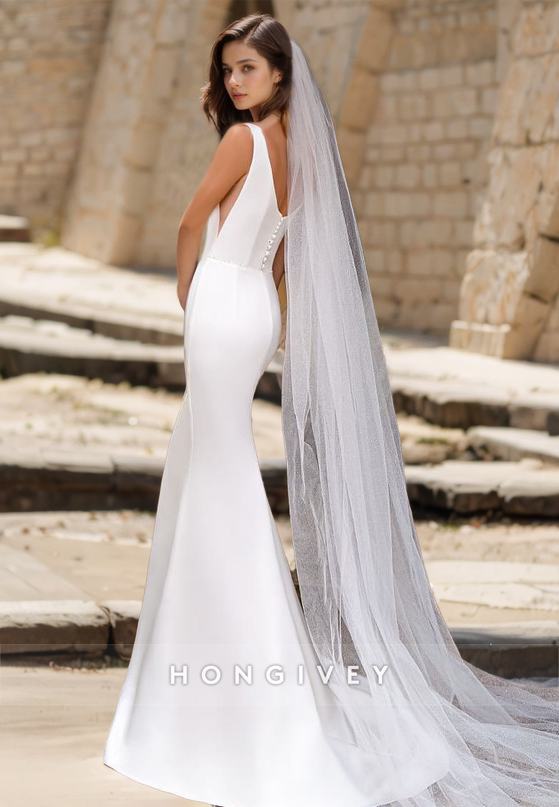 Chic Satin Trumpt Vneck Straps Sleeveless With Train Boho/Beach Wedding Dress