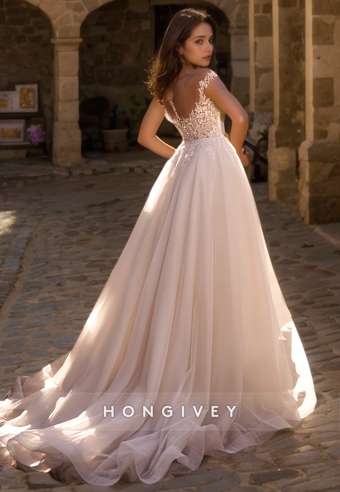 Classic & Timeless Plunging Illusion Appliques Empire Aline Tulle Boho Wedding Dress