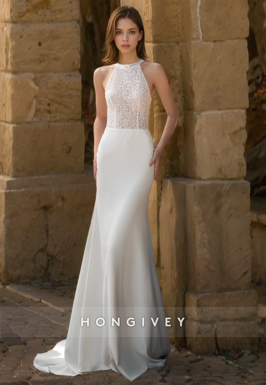 Elegant & Luxurious High Neck Sleeveless Appliques Detachable With Overlay Boho/Beach Wedding Dress