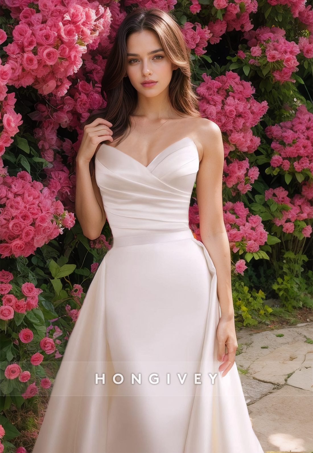 Sexy Fitted Satin Vneck Strapless Ruched Detachable Overskirt Wedding Dress