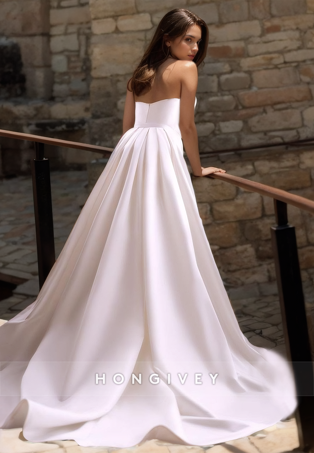 Sexy Fitted Satin Vneck Strapless Ruched Detachable Overskirt Wedding Dress