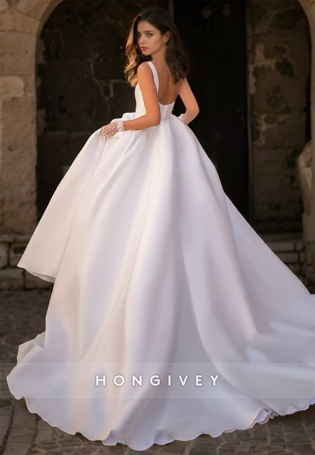 Sexy Satin Aline Bateau Spaghetti Straps With Pockets Train Wedding Dress