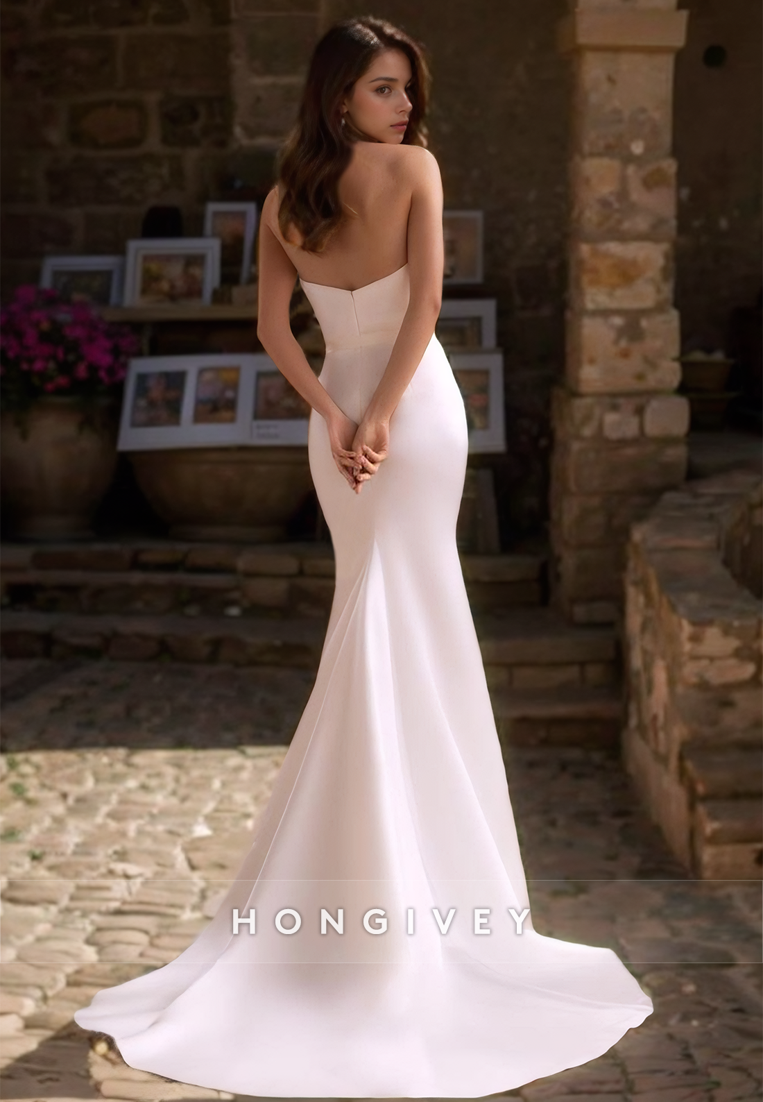 Sexy Fitted Satin Vneck Strapless Ruched Detachable Overskirt Wedding Dress