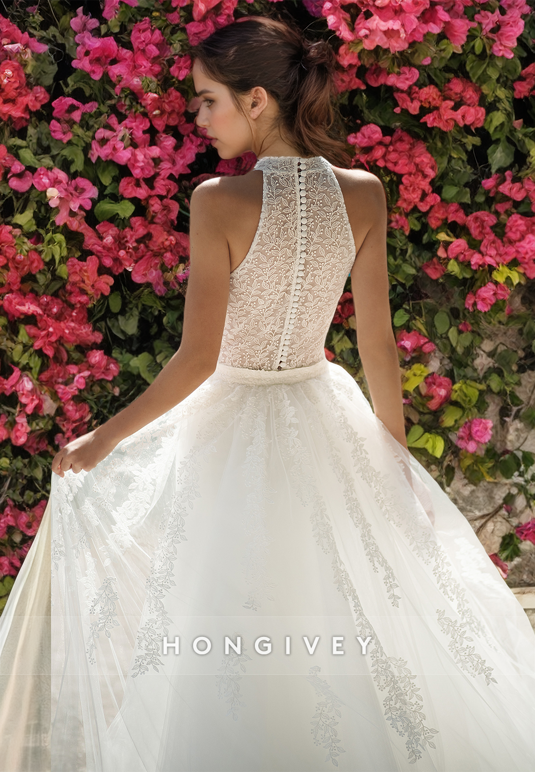 Elegant & Luxurious High Neck Sleeveless Appliques Detachable With Overlay Boho/Beach Wedding Dress