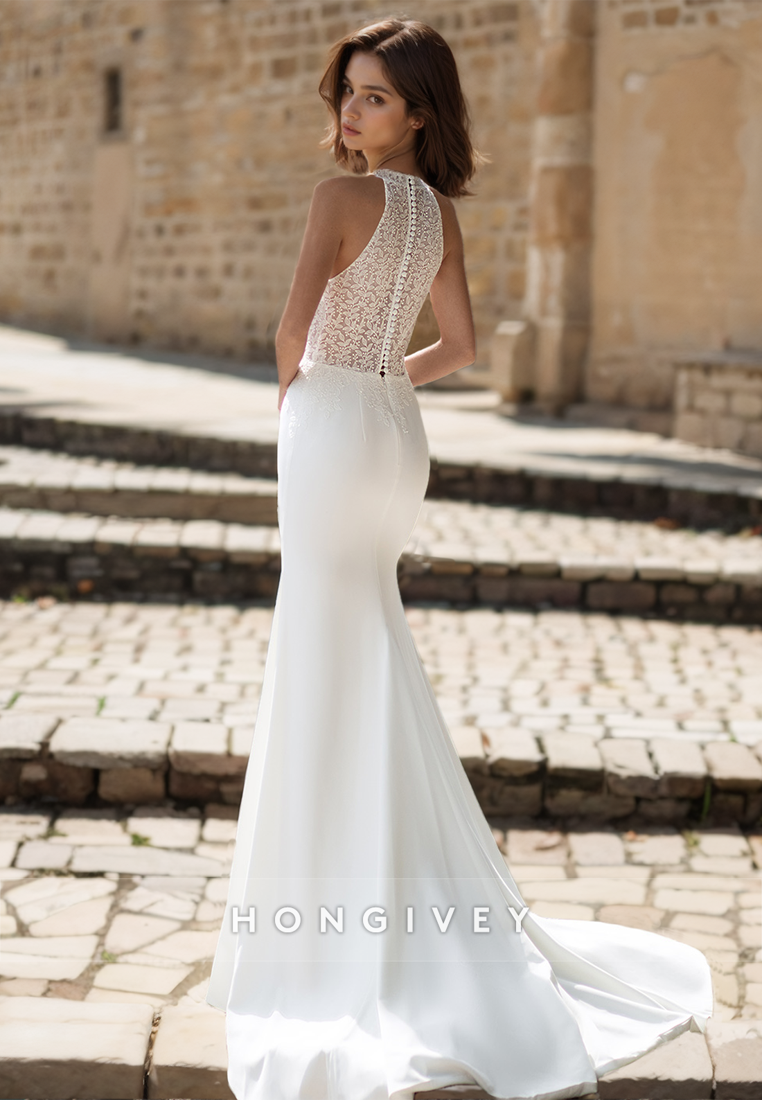 Elegant & Luxurious High Neck Sleeveless Appliques Detachable With Overlay Boho/Beach Wedding Dress