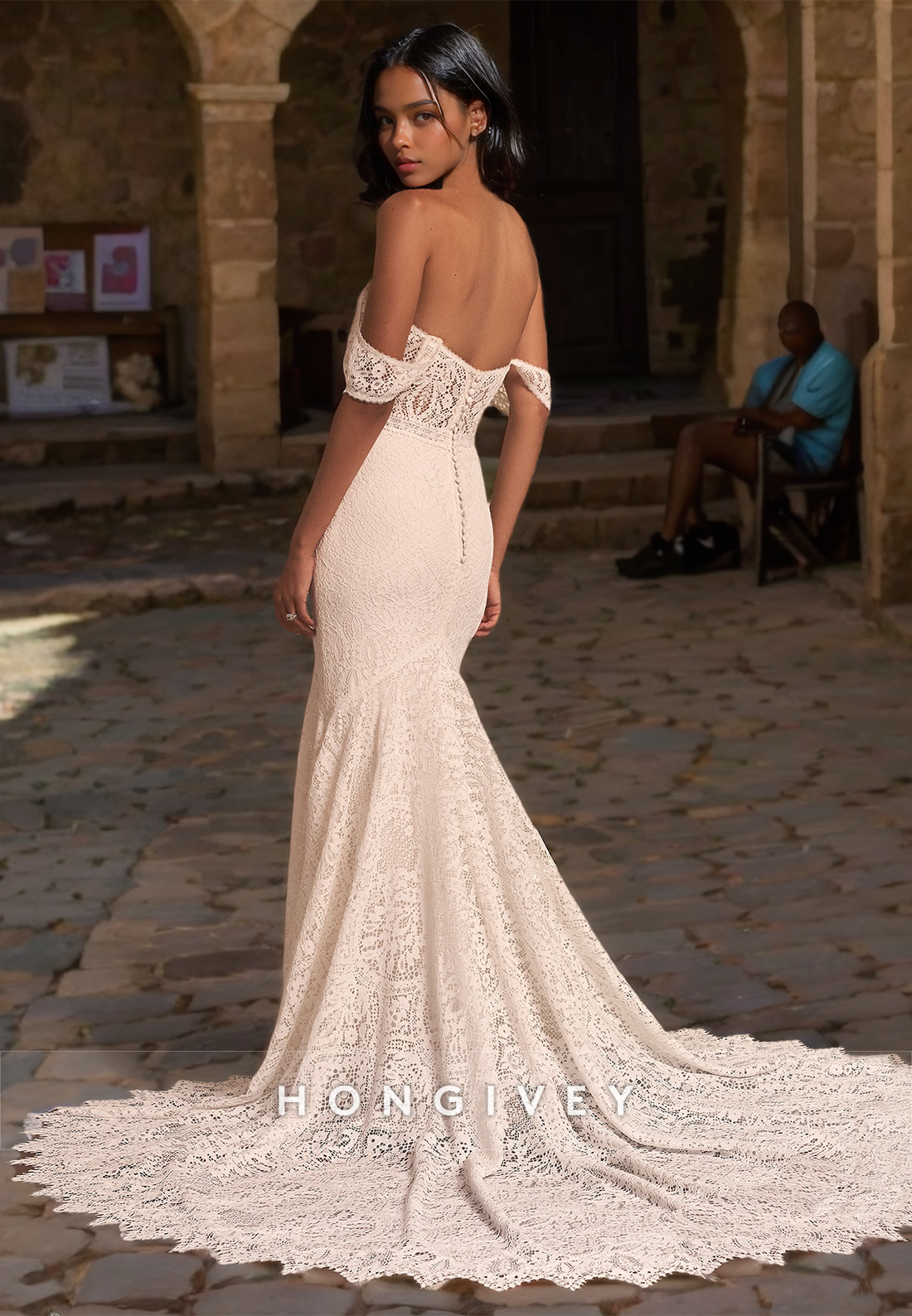 Sexy Trumpt Vneck Offshoulder With Train Boho Wedding Dress