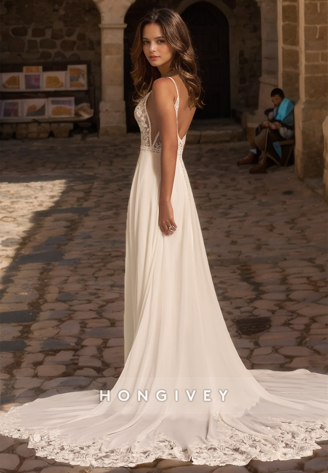 Elegant Aline Vneck Spaghetti Straps Illusion With Train Wedding Dress