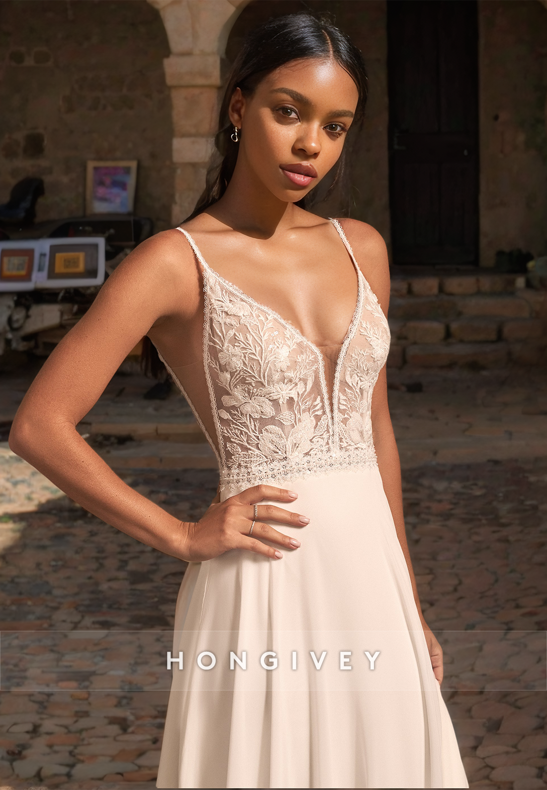 Elegant Aline Vneck Spaghetti Straps Illusion With Train Wedding Dress