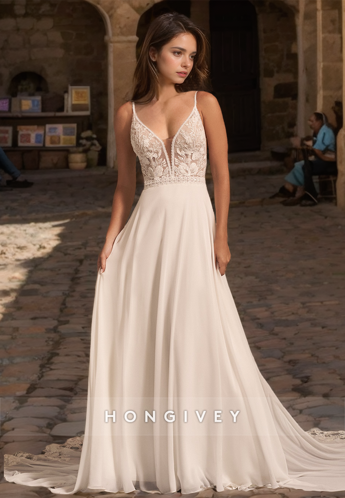 Elegant Aline Vneck Spaghetti Straps Illusion With Train Wedding Dress