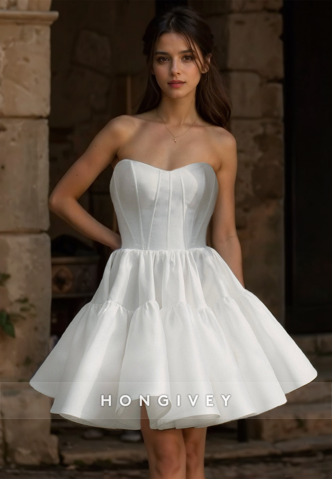 Sexy Satin Aline Sweetheart Strapless Detachable Puff Sleeves Gown Wedding Dress