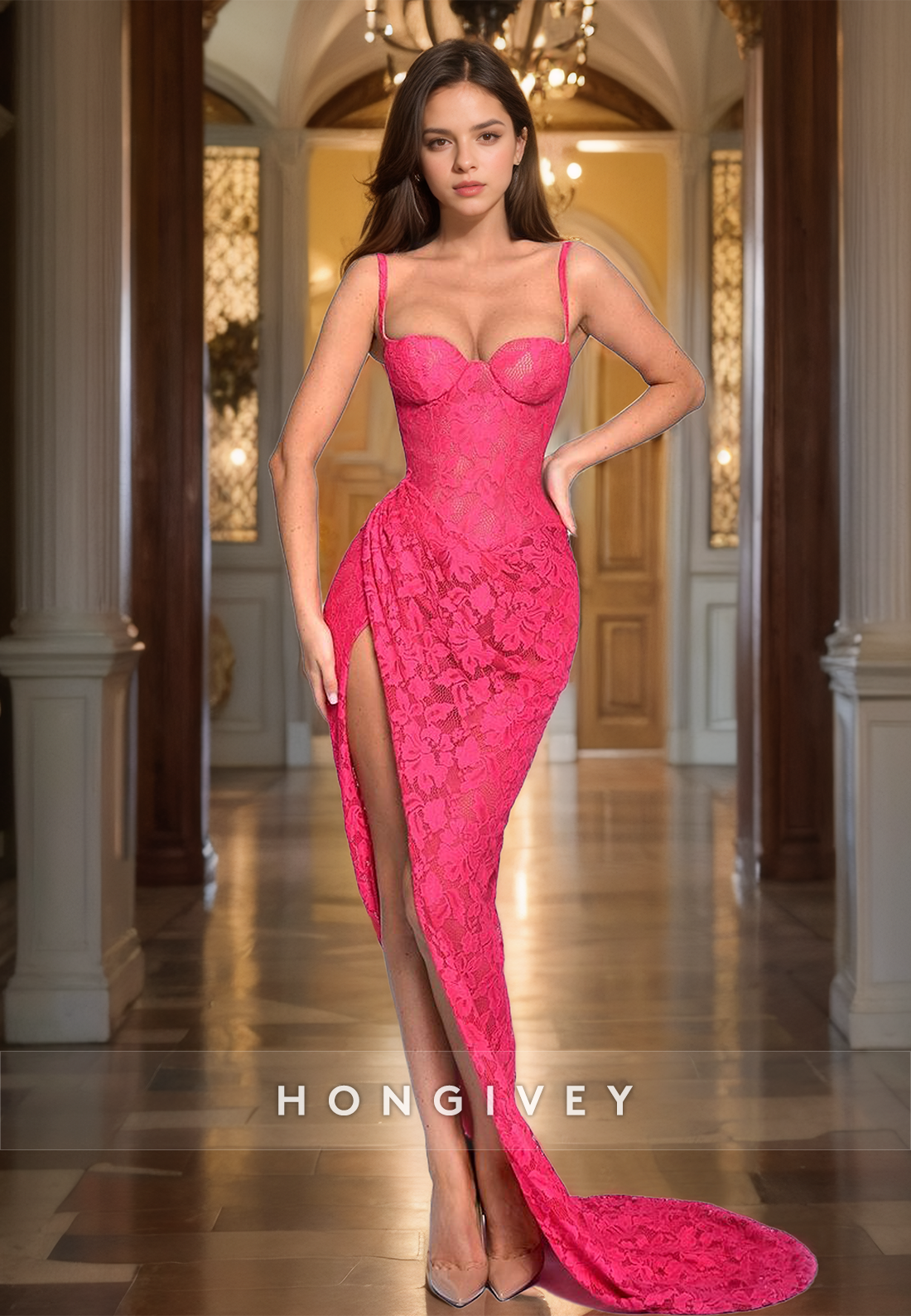 Sexy Lace Applique Side Slit Straps Fuchsia Mermaid Evening Dress