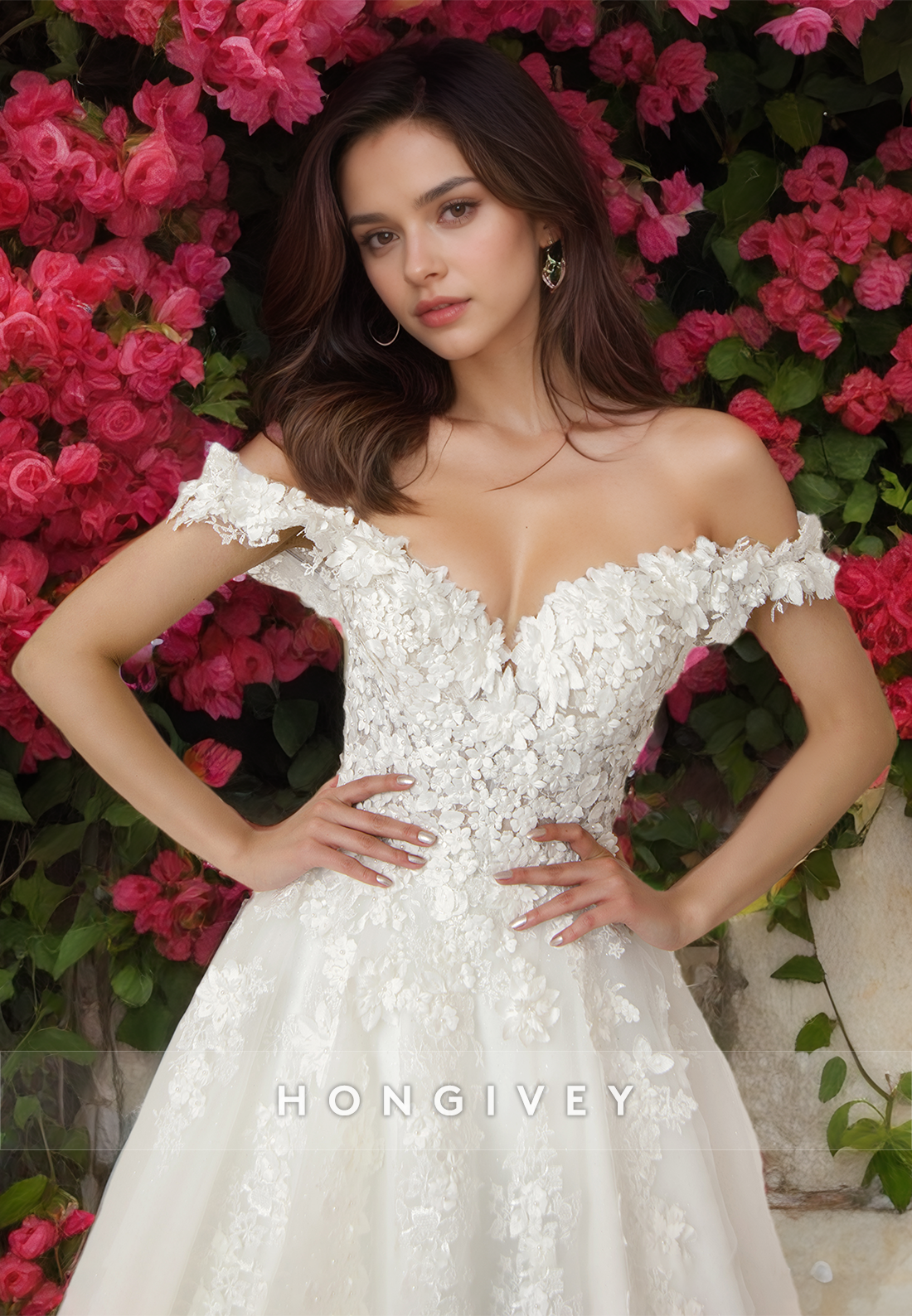 Sexy Tulle Aline Sweetheart Offshoulder Empire Floral Appliqued With Train Wedding Dress