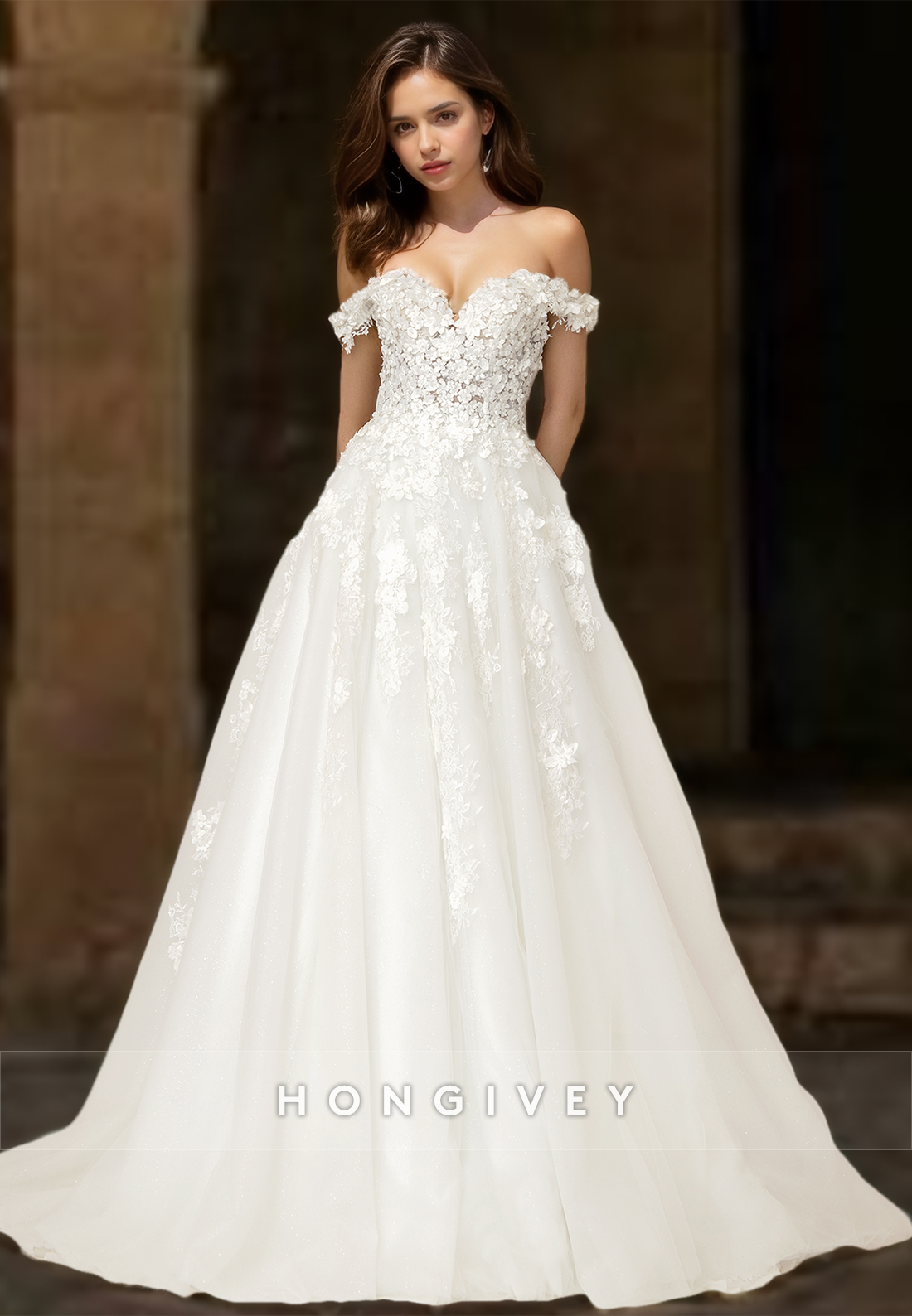 Sexy Tulle Aline Sweetheart Offshoulder Empire Floral Appliqued With Train Wedding Dress