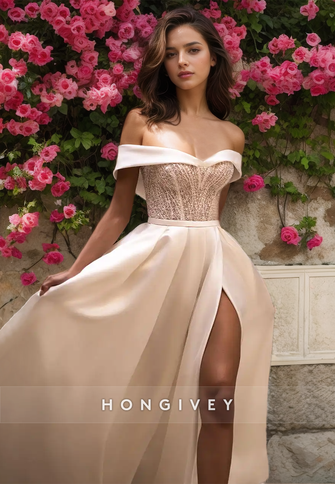 Sexy Satin Aline Offshoulder Appliques Empire With Side Slit Train Wedding Dress