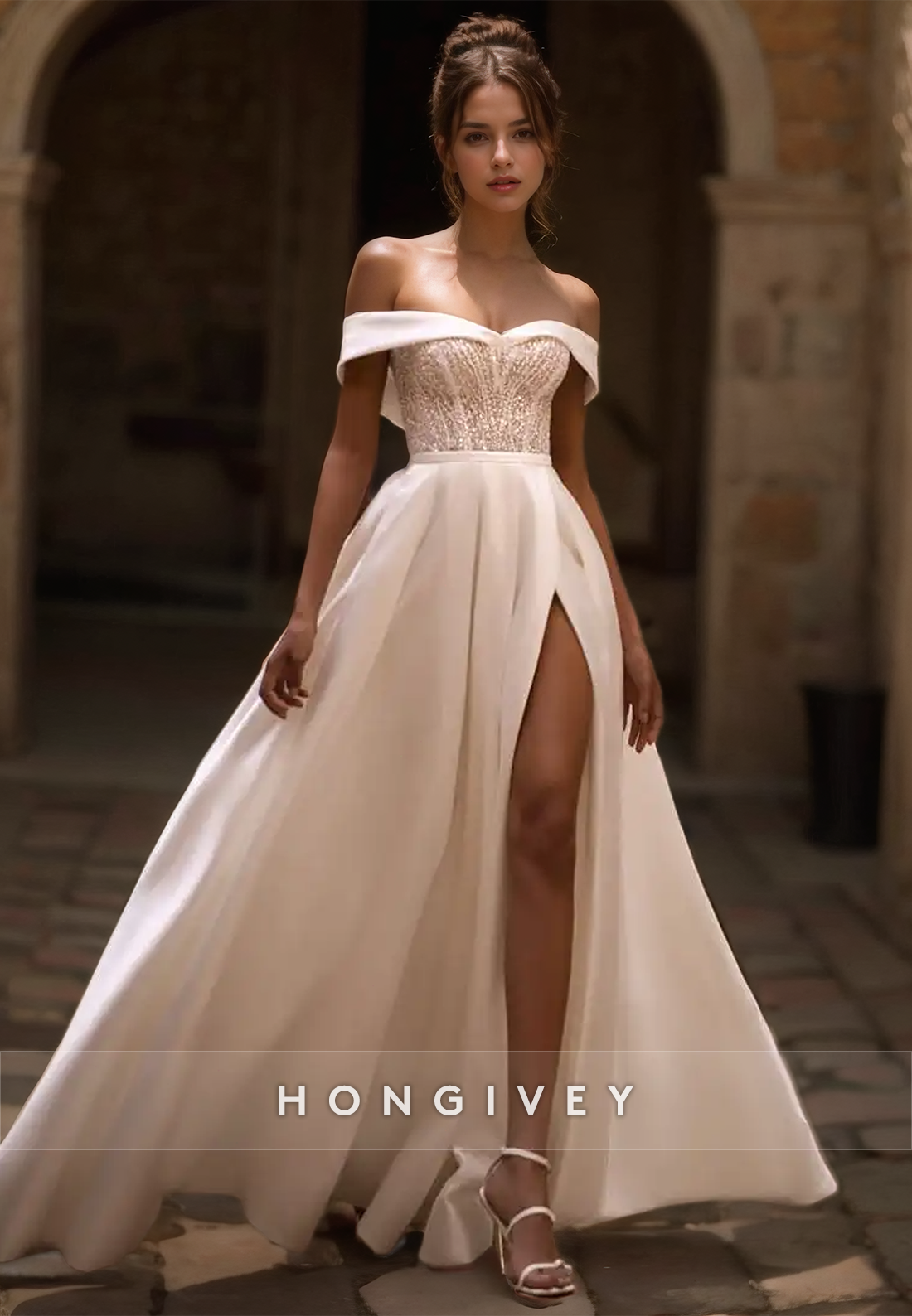 Sexy Satin Aline Offshoulder Appliques Empire With Side Slit Train Wedding Dress