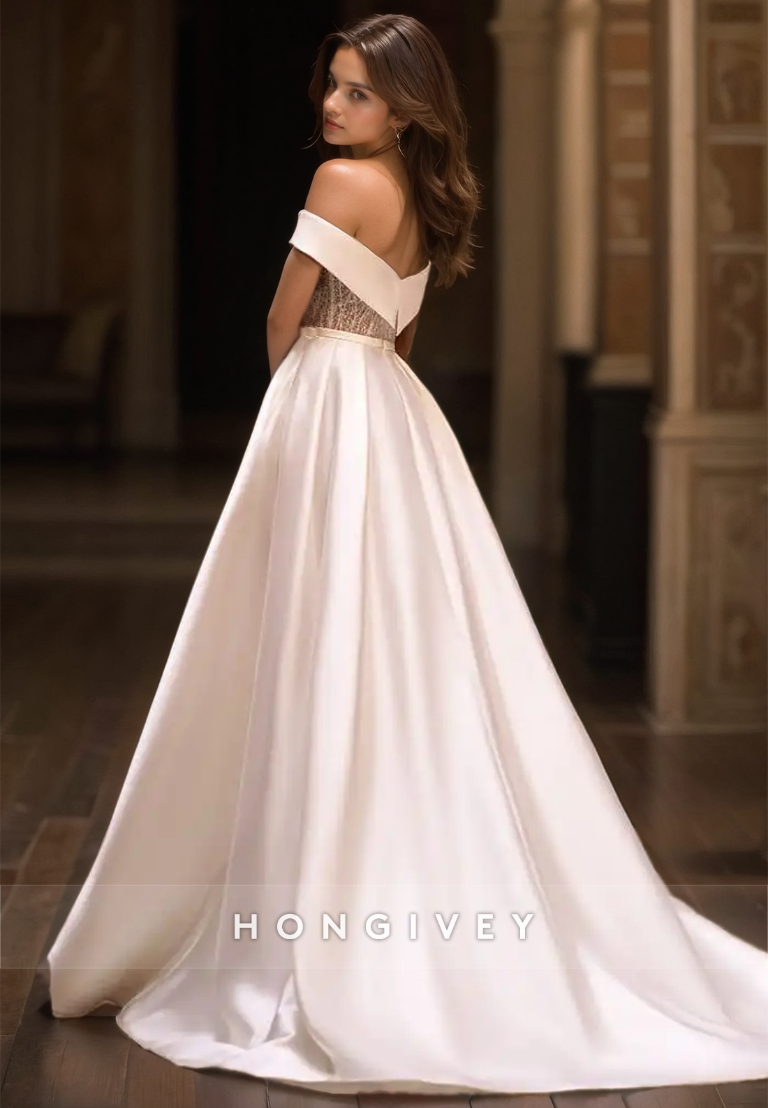 Sexy Satin Aline Offshoulder Appliques Empire With Side Slit Train Wedding Dress