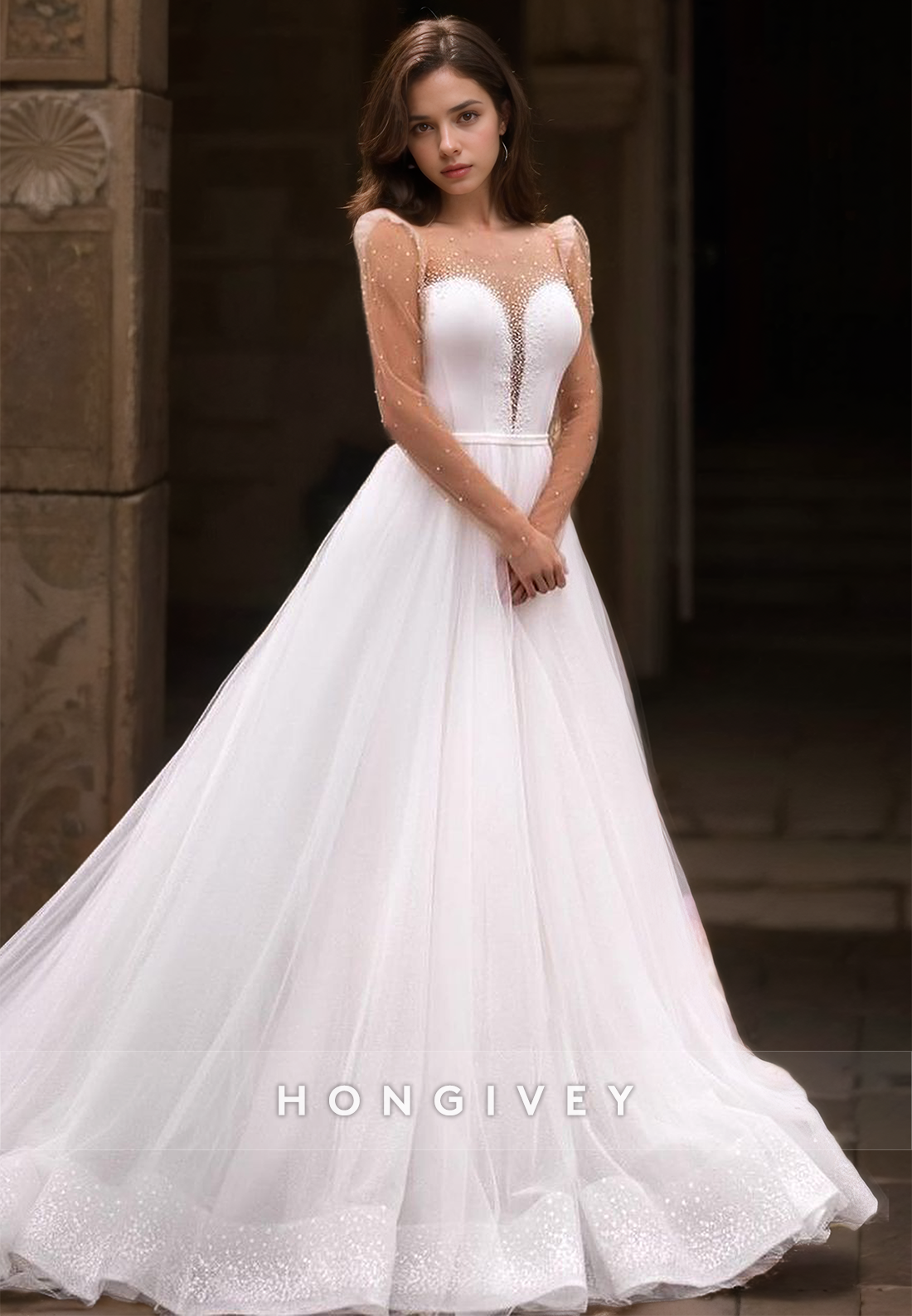 Sexy Tulle Aline Scoop Long Sleeve Empire Beaded With Train Wedding Dress