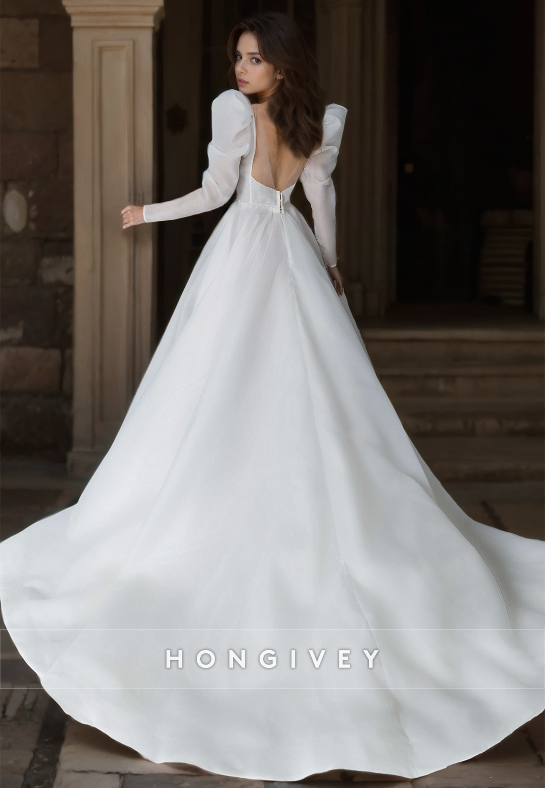 Sexy Satin Aline Scoop Long Sleeve Empire Appliques Beaded With Train Wedding Dress