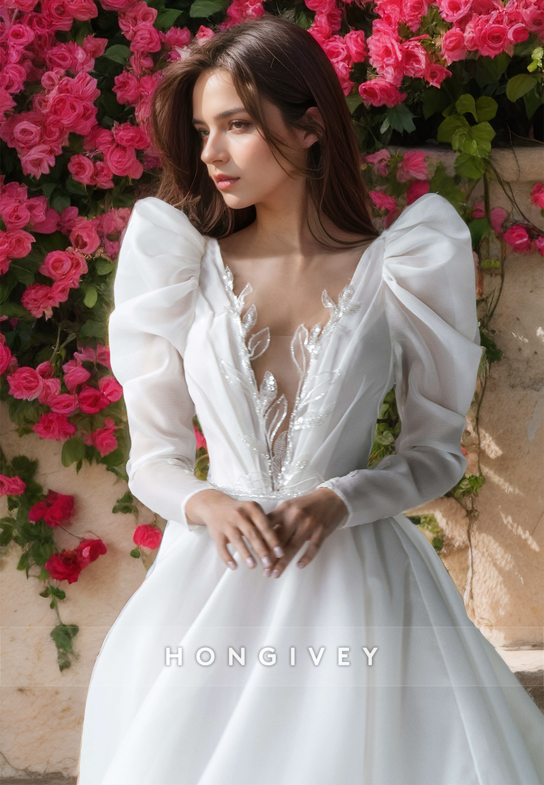 Sexy Satin Aline Scoop Long Sleeve Empire Appliques Beaded With Train Wedding Dress