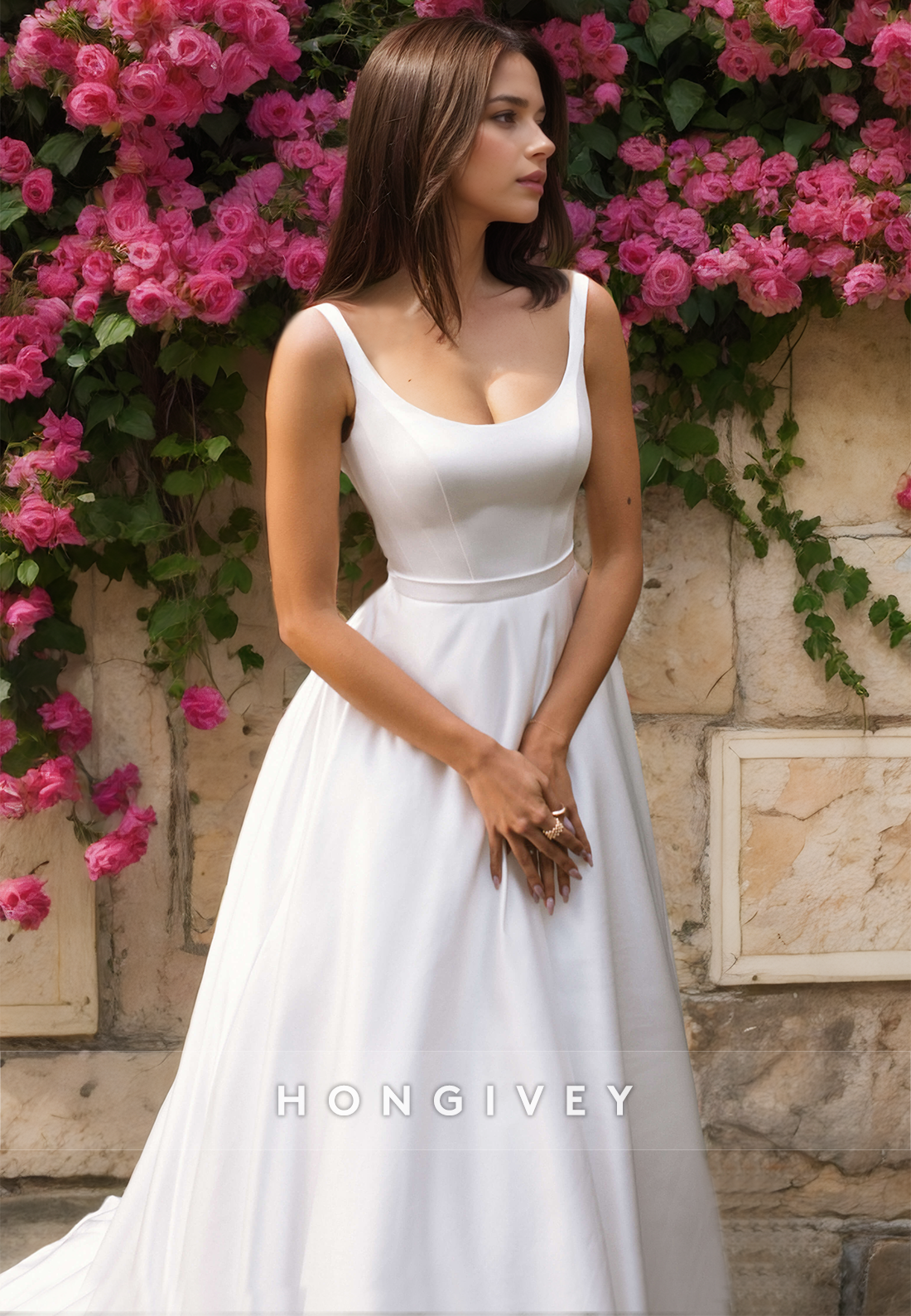 Sexy Satin Aline Scoop Spaghetti Straps Empire Sleeveless With Train Wedding Dress