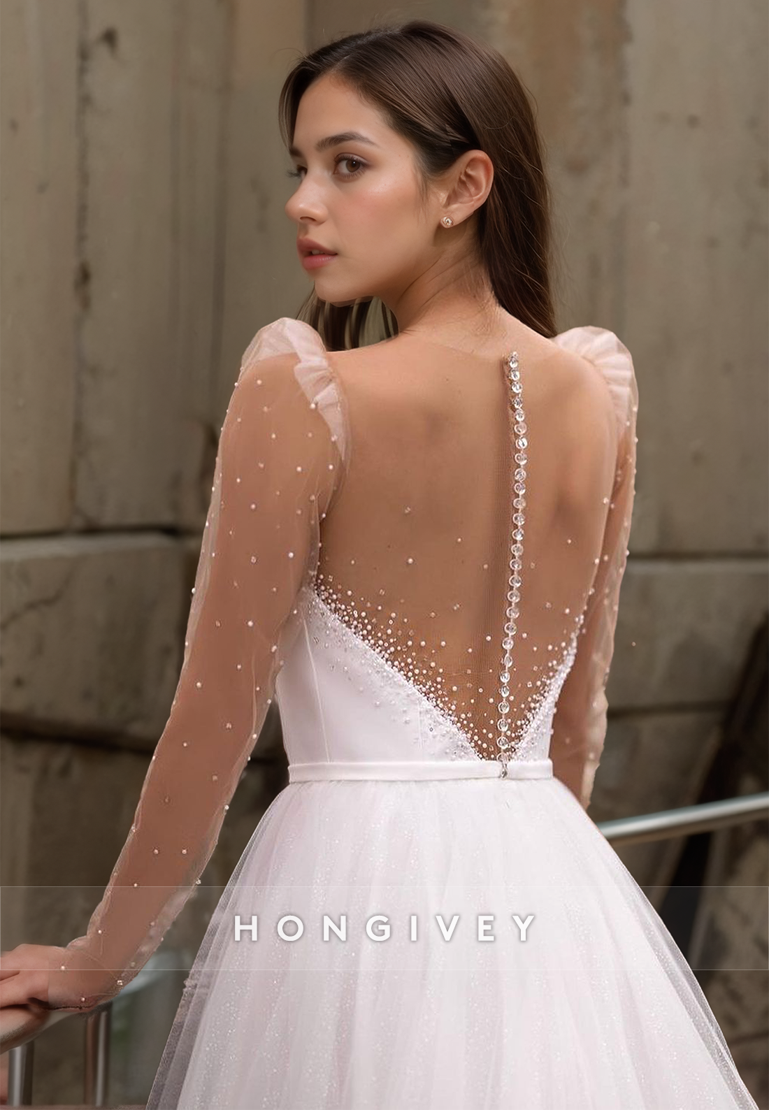 Sexy Tulle Aline Scoop Long Sleeve Empire Beaded With Train Wedding Dress