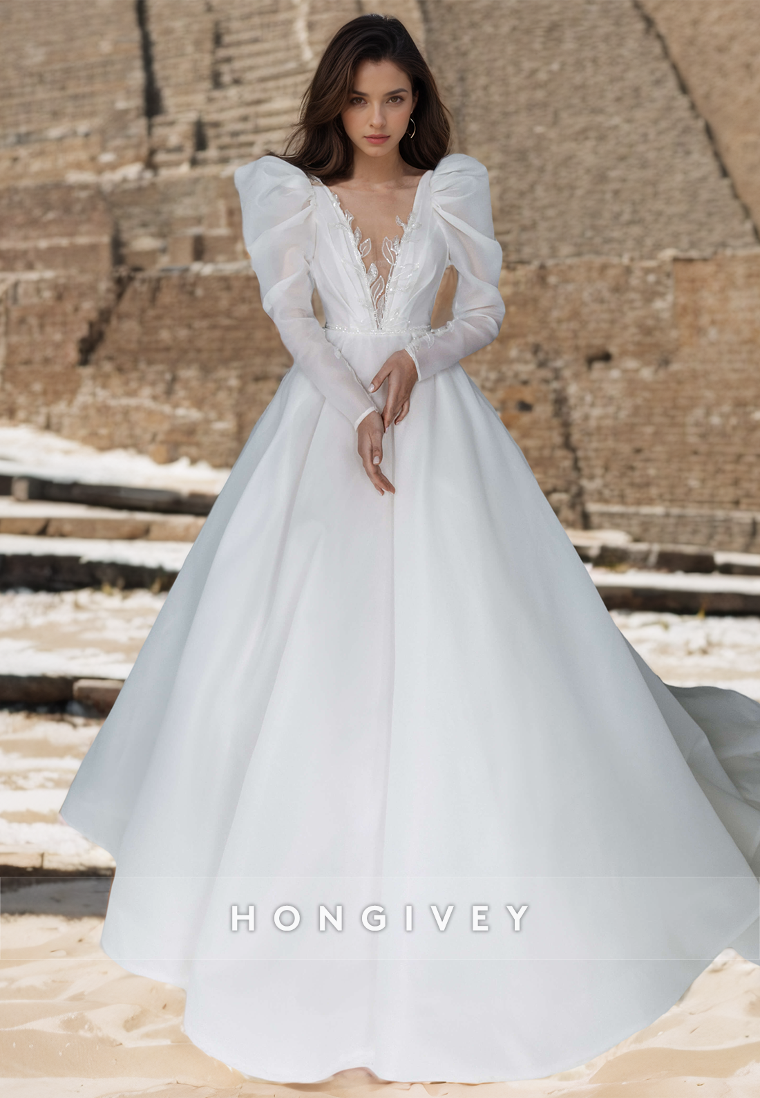 Sexy Satin Aline Scoop Long Sleeve Empire Appliques Beaded With Train Wedding Dress