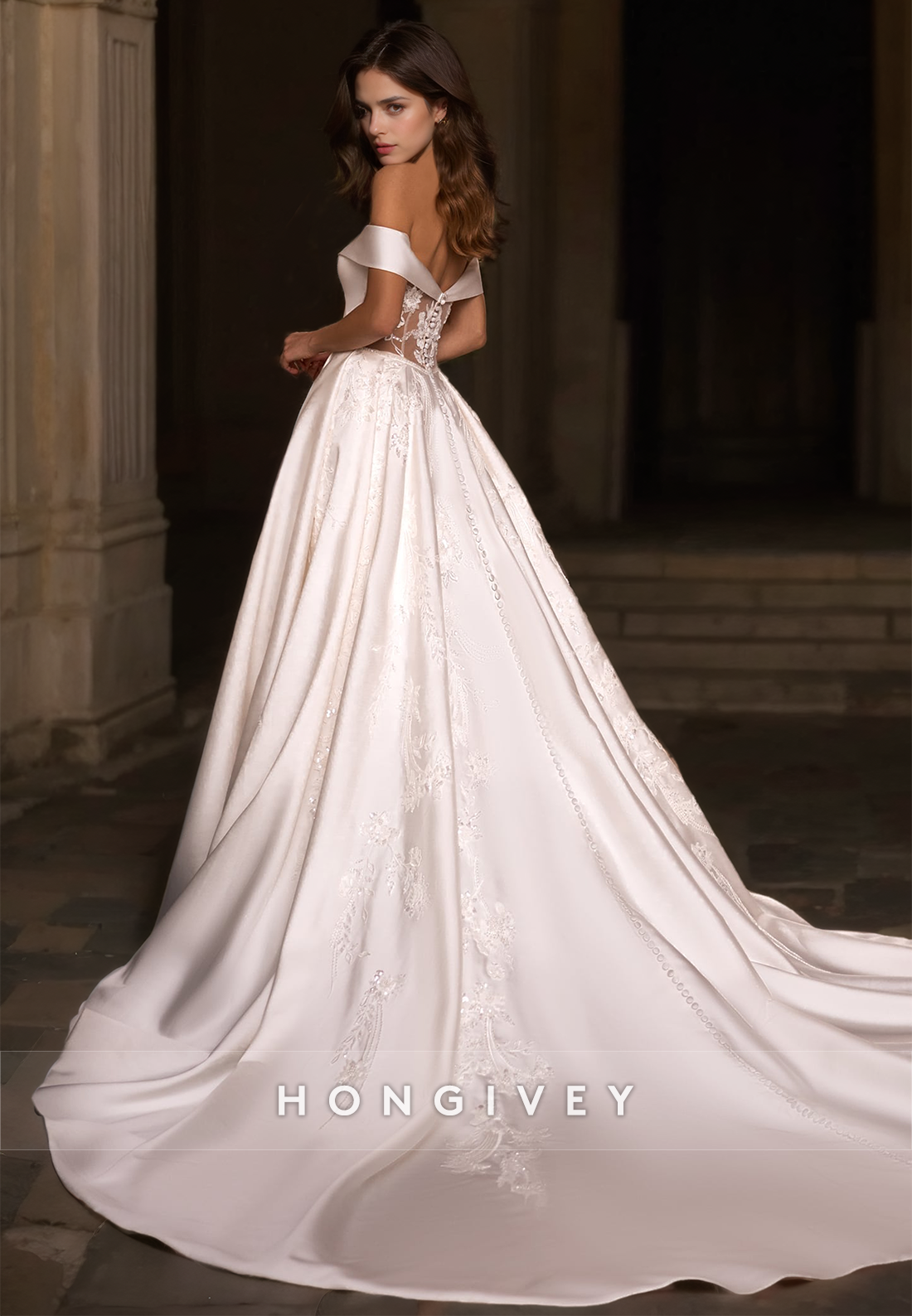 Sexy Satin Aline Offshoulder Empire Appliques With Train Wedding Dress