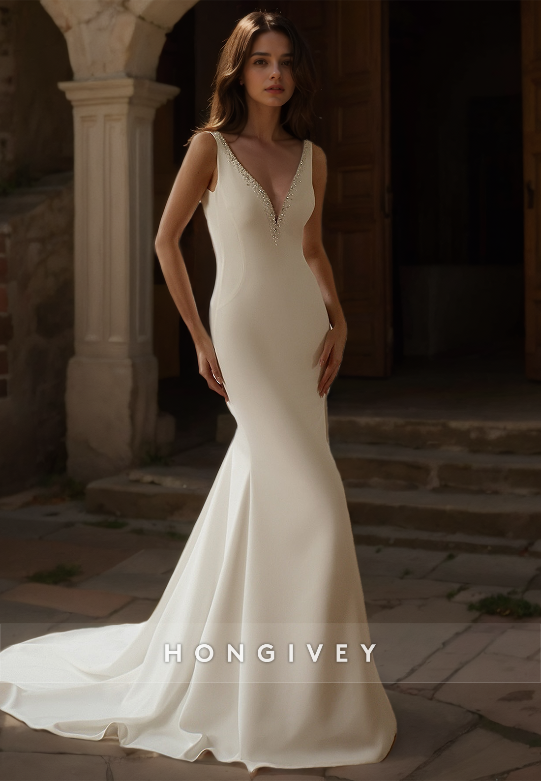 Vneck Mermaid Wedding Dress With Detachable Train Straps Satin Bridal Dresses