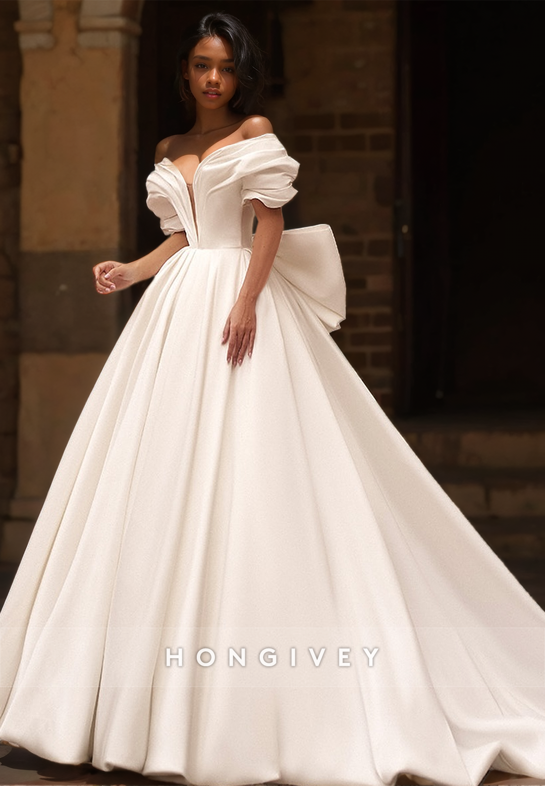 Elegant Offshoulder Wedding Dress With Bow Aline With Train Bridal Dresses