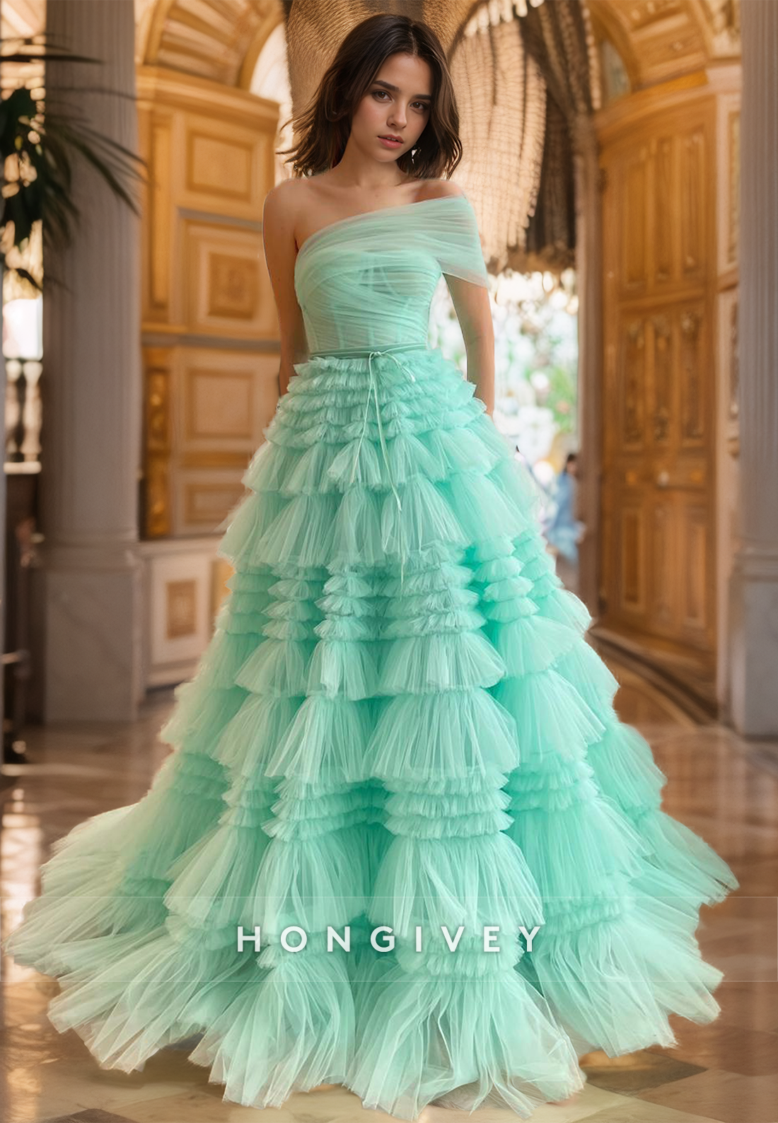 Sexy Tulle Aline Illusion One Shoulder Empire Tiered Long Ball Gown Party Prom Evening Dress