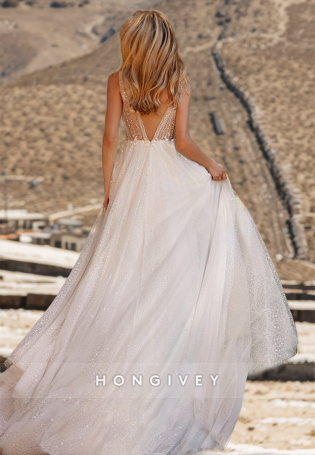 Fully Beaded Illusion Vneck With Train And Slit Long Wedding Dress