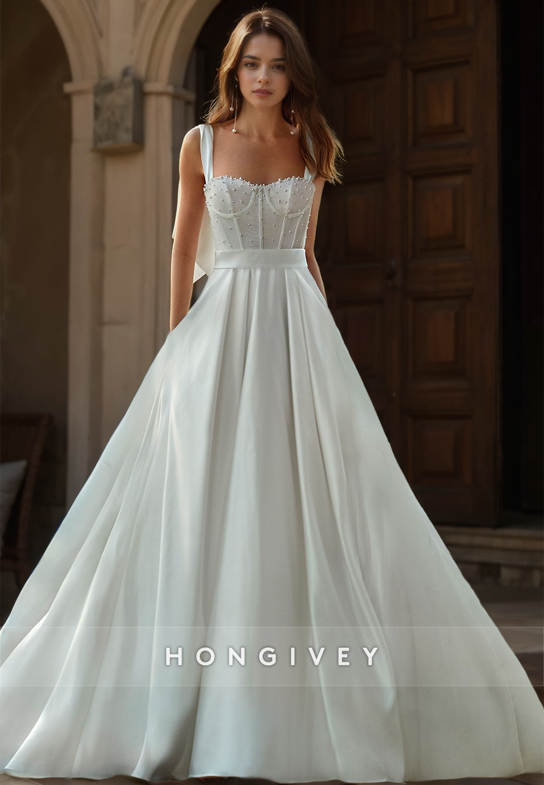 Pearl Beaded With Train And Bow Detail Long Wedding Dress