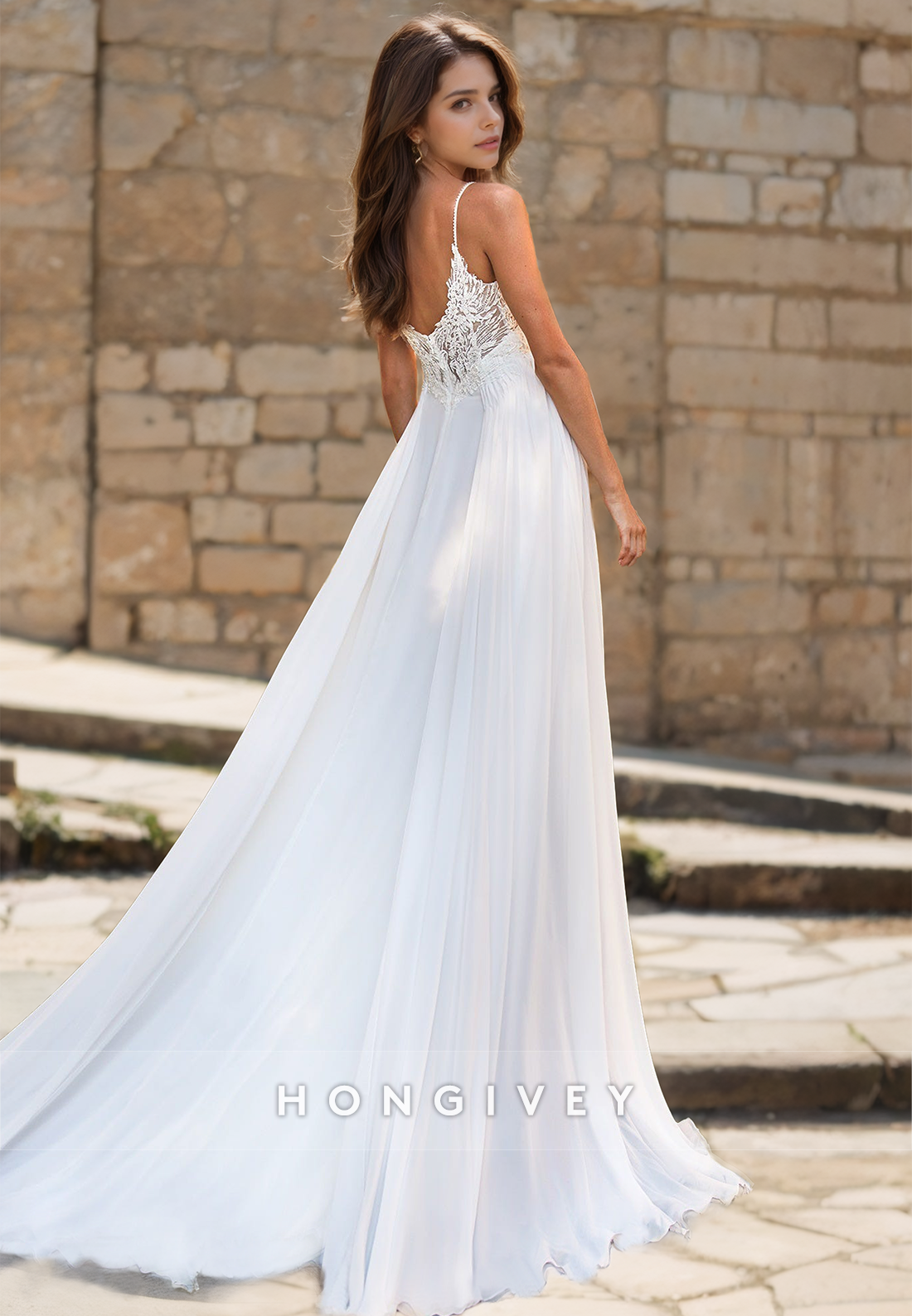 Beaded Floral Lace Embroidered Illusion With Train And Slit Long Wedding Dress