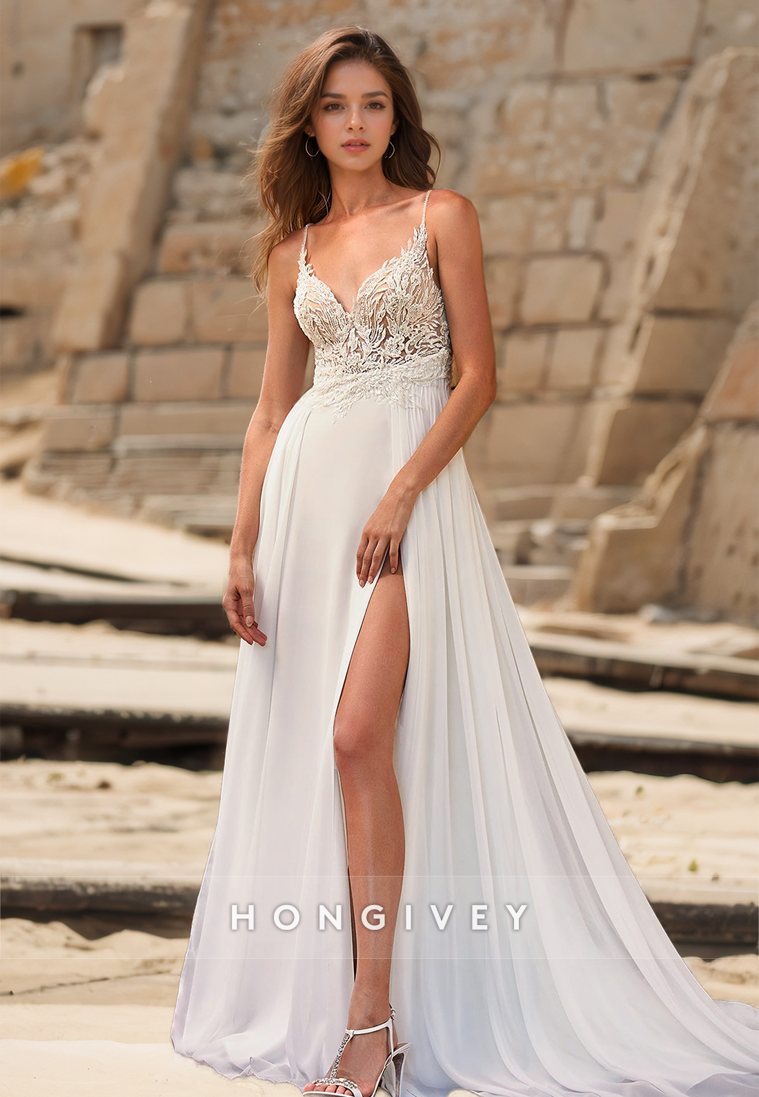 Beaded Floral Lace Embroidered Illusion With Train And Slit Long Wedding Dress