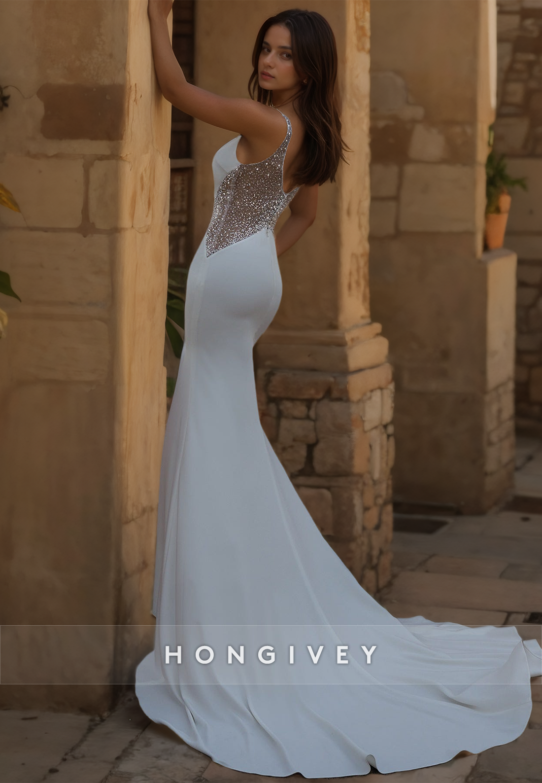 Sheer Crystal Beaded Plunging Illusion With Train And Overlay Long Wedding Dress