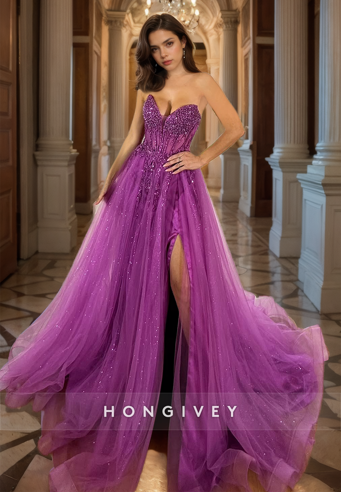 Gorgeous Glitter Purple Organza Formal Evening Dress Aline Strapless Long Prom Gown