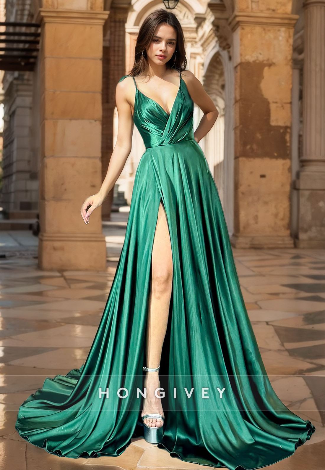 Classic Vneck Straps Aline Formal Evening Dress Long Party Gown