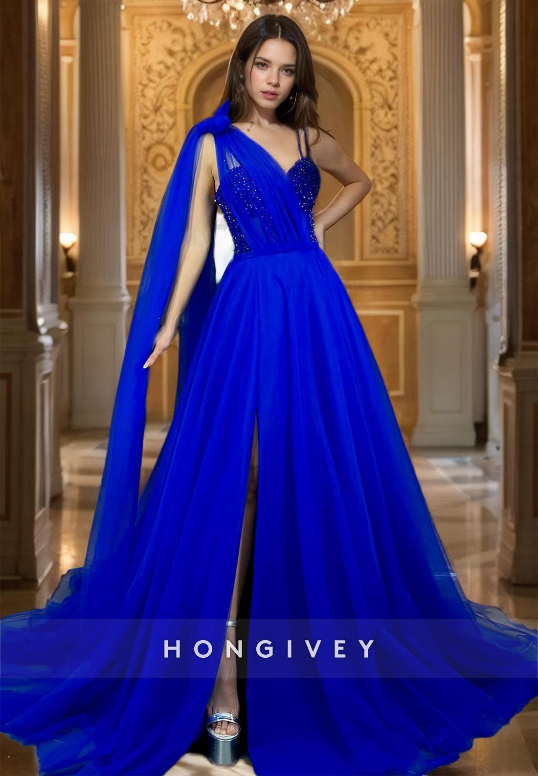 Elegant Royal Blue Vneck Formal Evening Dress With Cap Tulle Party Gown