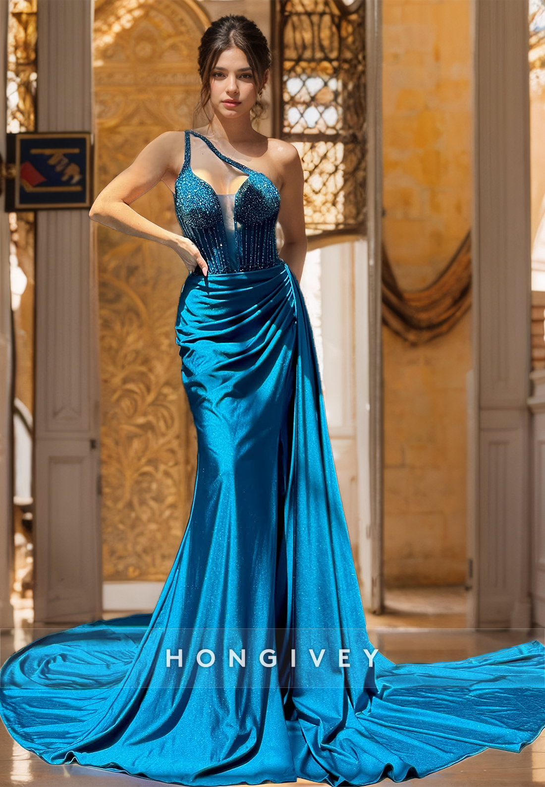 Sexy Glitter Halter Mermaid Evening Dress Empire Long Prom Gown With Train